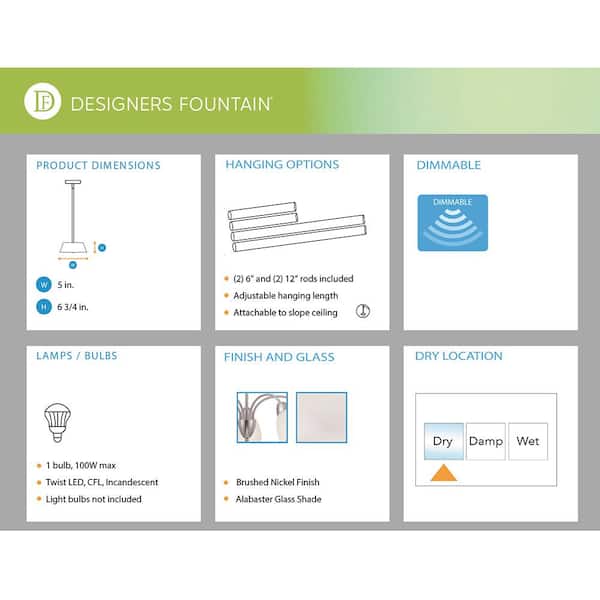 Designers Fountain - Torino 60-Watt 1-Light Brushed Nickel Transitional Mini Pendant Light with Alabaster Glass Shade and No Bulbs Included