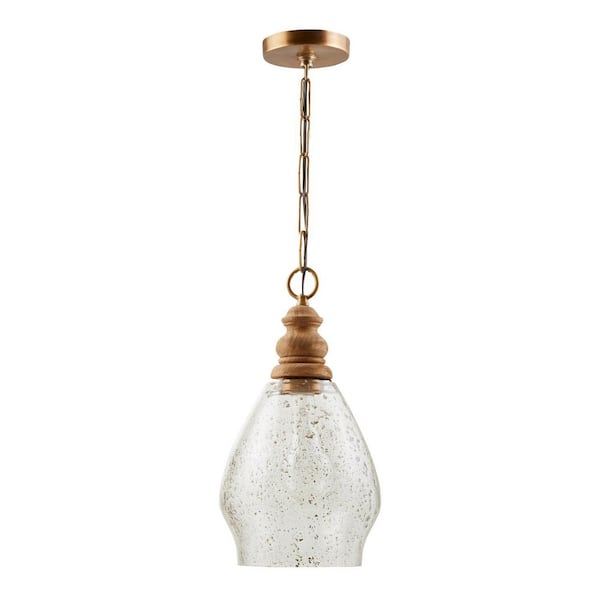Jaye 60-Watt 1-Light Patinaed Brass Pendant Light with Light Wood Finial and No Bulbs Included