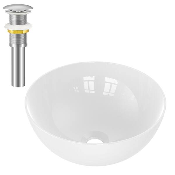yulika Round Sink 16.5 in . Bathroom Sink Ceramic Vessel Sink with Pop-Up Drain in White and Sliver