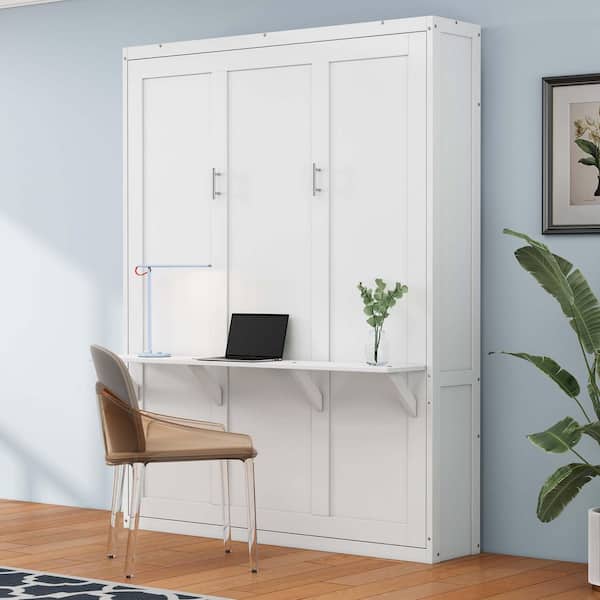 White Wood Frame Full Size Murphy Bed with Desk Combo