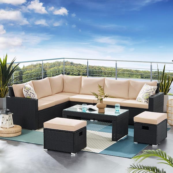 ITOPFOX 6-Pieces Wicker Rattan Patio Outdoor Sectional Sofa Set with Couch Coffee Table, Ottomans and Cushions in Khaki