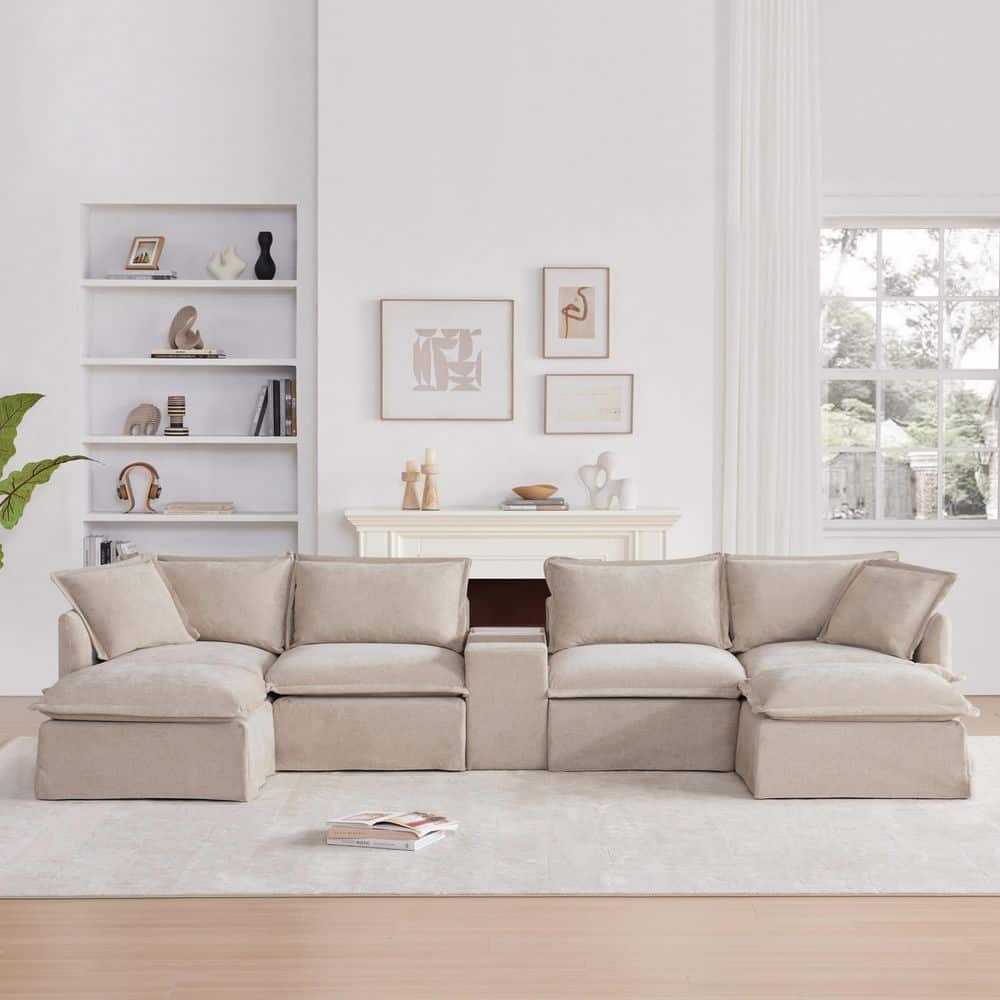 Oversized 131 in. Modular U Shaped Chenille 6 Seat Sectional Sofa in. Khaki