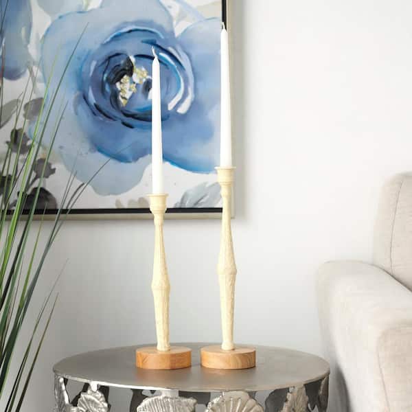 Litton Lane Cream Metal Textured Tapered Candle Holder with Brown Wood Bases (Set of 2)