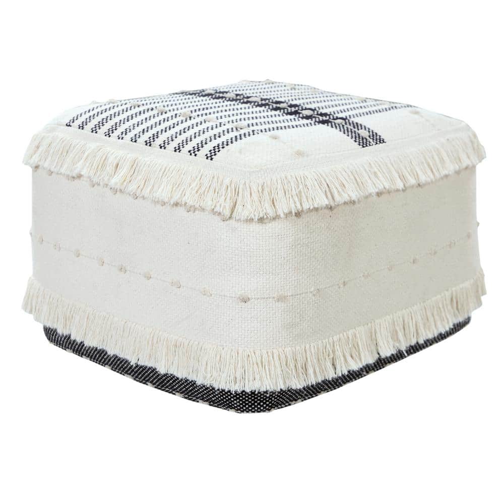 Farmhouse Black / Ivory Chic Shag Stripe Fringed Pouf Ottoman
