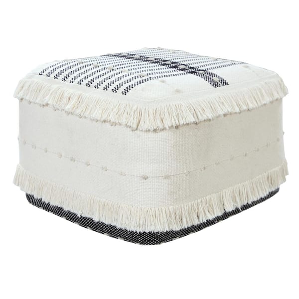 Farmhouse Black / Ivory Chic Shag Stripe Fringed Pouf Ottoman