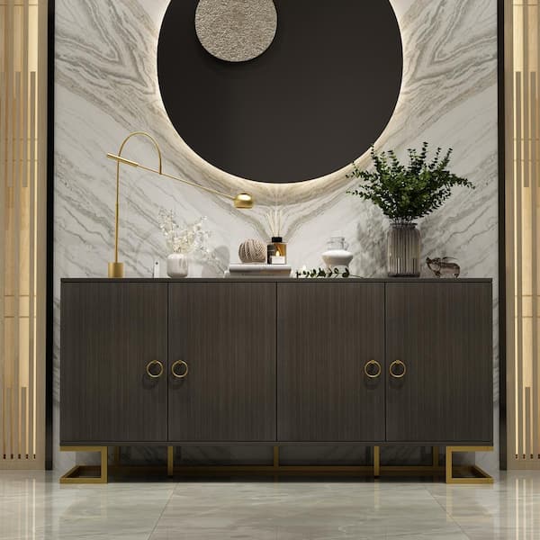 FUFU&GAGA Brown Dark Gray 0-Drawer, 63 in. Width Wood Dresser, Accent Storage Cabinet, Sideboard with 4 Doors and 4 Shelves