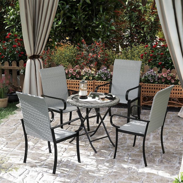 Rattan Armchairs with Armrests, Steel Frame, High Back and Deep Seating Outdoor Wicker Dining Chairs in Gray Set of 4