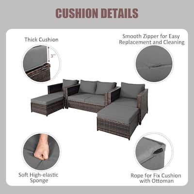5-Piece Outdoor Patio Rattan Furniture Set Loveseat Sofa Ottoman Gray Cushioned