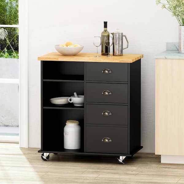 FAMYYT Compact Black Rubber Wood Tabletop 31.5 in. Kitchen Island with Drawers and Half-moon Handles