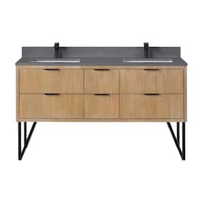 Helios 60 in. W x 22 in. D Double Sink Bath Vanity in Weathered Pine with Gray Composite Stone Top without Mirror