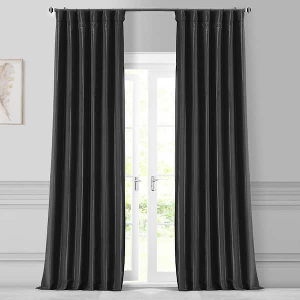 Exclusive Fabrics & Furnishings Jet Black Faux Silk Rod Pocket Room Darkening Curtain - 50 in. W x 84 in. L (1 Panel)