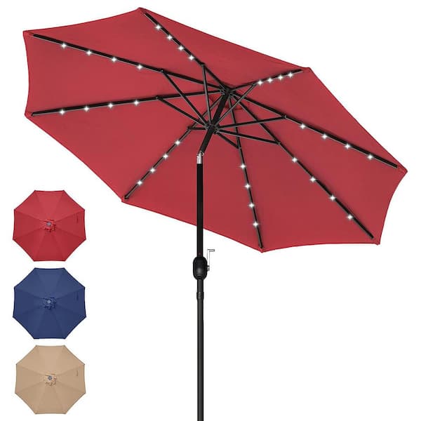 GAWEZA 9 ft. Metal Market Tilt Patio Umbrella in Red with Solar LED Light