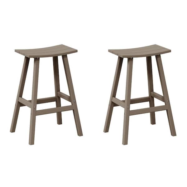 Franklin Weathered Wood 29 in. Poly HDPE Fade Resistant Outdoor Patio Saddle Seat Pub Height Bar Stool (Set of 2)