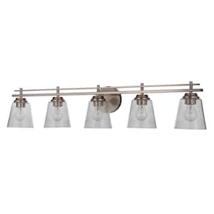 Drake 42 in. 5-Light Brushed Polished Nickel Finish Vanity Light with Seeded Glass
