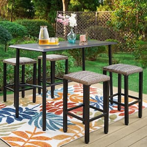 5-Piece Metal Outdoor Patio Bar Height Dining Set with Rectangle Table and Rattan Wicker Outdoor Bar Stool