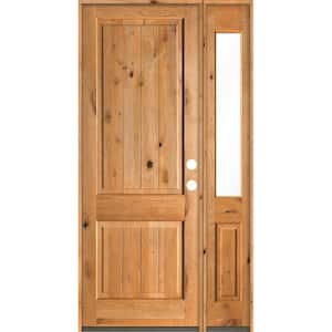 50 in. x 96 in. Rustic Knotty Alder Square Top Left-Hand/Inswing Clear Glass Clear Stain Wood Prehung Front Door w/RHSL