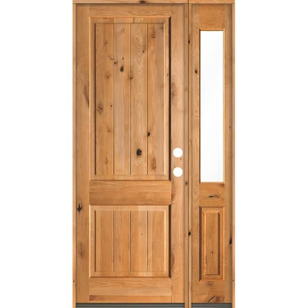 Krosswood Doors 50 in. x 96 in. Rustic Knotty Alder Square Top Left-Hand/Inswing Clear Glass Clear Stain Wood Prehung Front Door w/RHSL