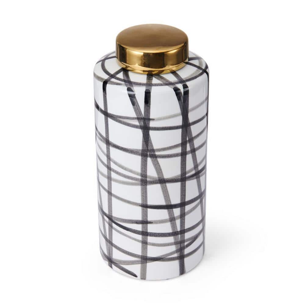 Black and White Scribble Ceramic Jar with Gold Lid