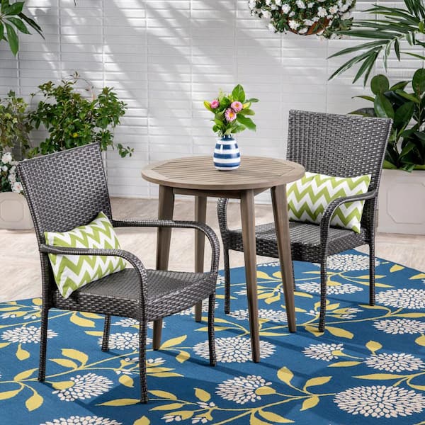 Noble House Linwood Gray 3-Piece Wood and Faux Rattan Outdoor Bistro Set