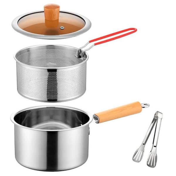 304 Stainless Steel Deep Fryer Pot in Silver with Silicone Handle, Strainer Basket, Tong, Oil Filter, Versatile