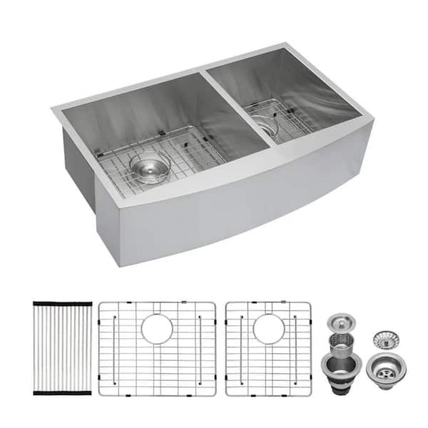 Unbranded 18 Gauge Stainless Steel 33 in. Double Bowl Zero Radius Corner Drop-In Kitchen Sink with Strainer and Bottom Grid