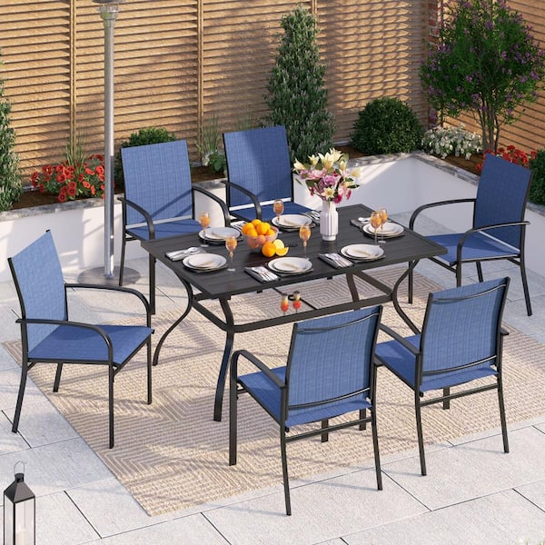 PHI VILLA Black 7-Piece Metal Slat Rectangle Table Outdoor Patio Dining Set with Blue Textilene Chairs