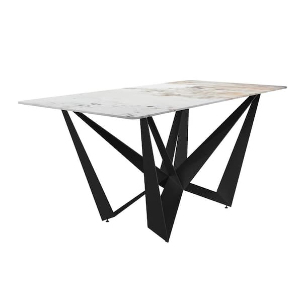 Leisuremod Nuvor Dining Table with a 62 in. Sintered Stone Rectangular Top and Black Steel 4 Legs Base in White Grey Seats 8