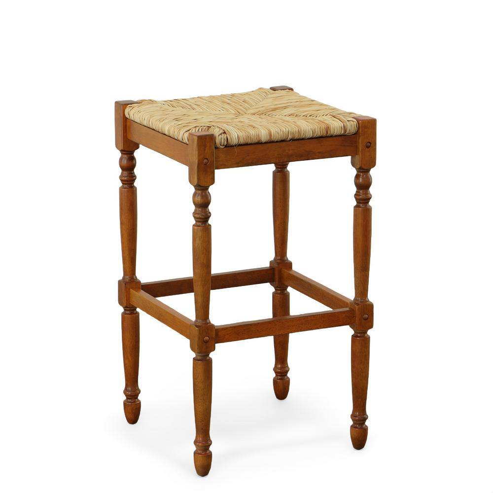 Elegant Backless Walnut Wood Counter Stool with Handwoven Seat