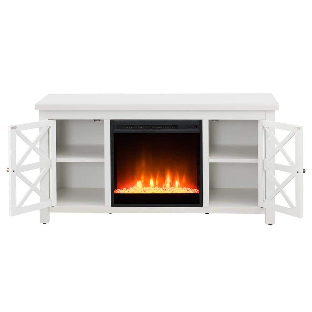 White 47 Inch TV Stand with Electric Fireplace and Glass Doors
