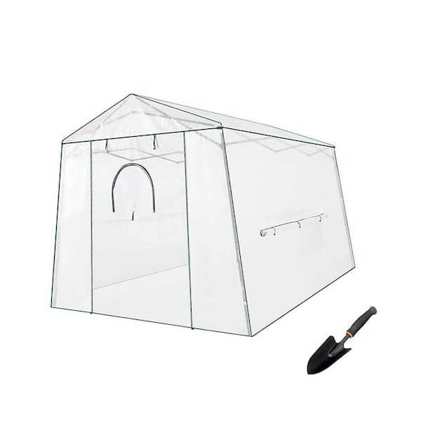 Zeus & Ruta 8.5 ft. x 11 ft. x 7.4 ft. Walk-in Greenhouse Garden with Hand Shovel in White