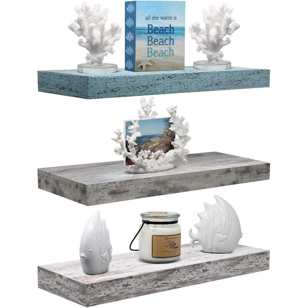 Unbranded 16 in. W x 5 in. D Grey/Blue/Rustic Composite Decorative Wall Shelf, 3-Pack