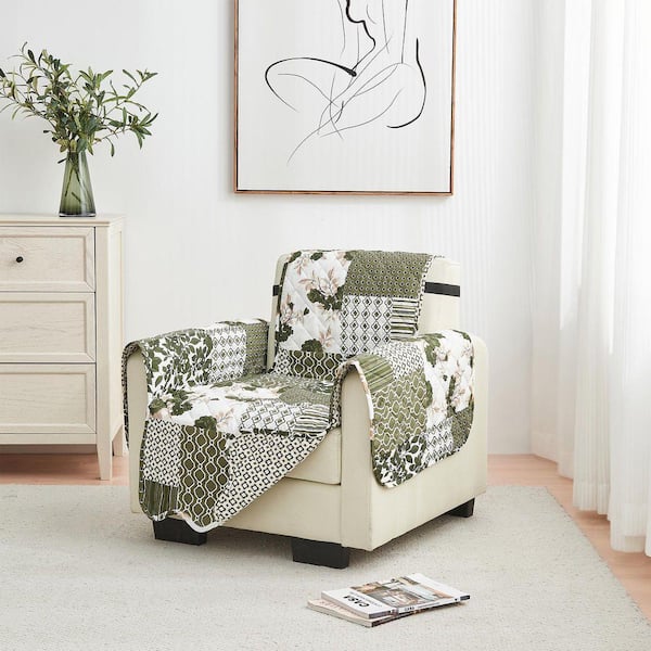 Olive / Brown Reversible Floral Microfiber Chair Furniture Protector Slipcover