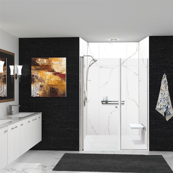 Transolid Titan Walk-in 60 in. L x 32 in. W x 96 in. H Alcove Shower Stall/Kit in White Caruso/Stainless with Faucet, Accessories