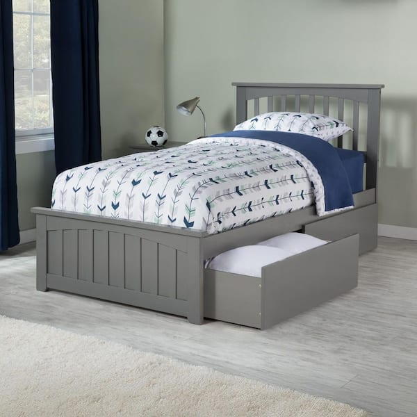 AFI Mission Grey Twin Solid Wood Storage Platform Bed with Matching Foot Board with 2 Bed Drawers