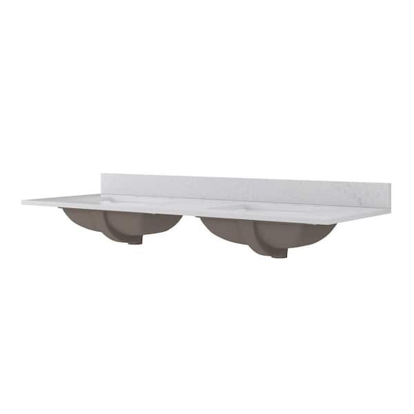 CRAFT + MAIN 61 in. W x 22 in. D x .75 in. H Engineered Quartz White Rectangular Double Sink Bath Vanity Top in Carrara Vita