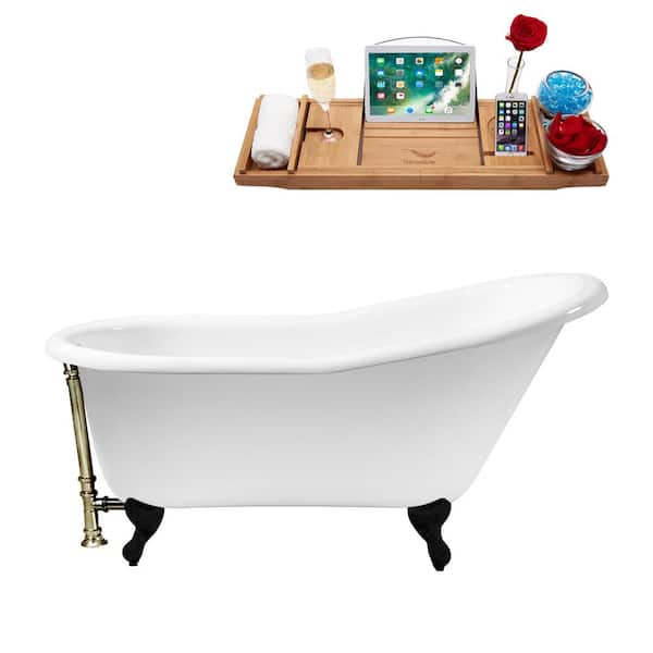 Streamline 60 in. x 30 in. Cast Iron Clawfoot Soaking Bathtub in Glossy White with Matte Black Clawfeet and Brushed Nickel Drain