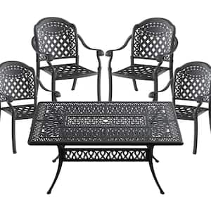 Black 5-Piece Cast Aluminum Outdoor Dining Set, Patio Furniture with 58.27 in. Rectangle Table and Random Color Cushions