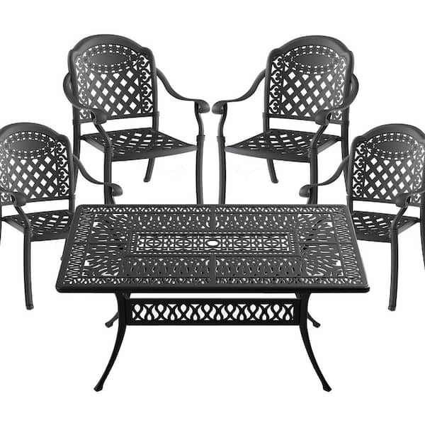 ToolCat Black 5-Piece Cast Aluminum Outdoor Dining Set, Patio Furniture with 58.27 in. Rectangle Table and Random Color Cushions