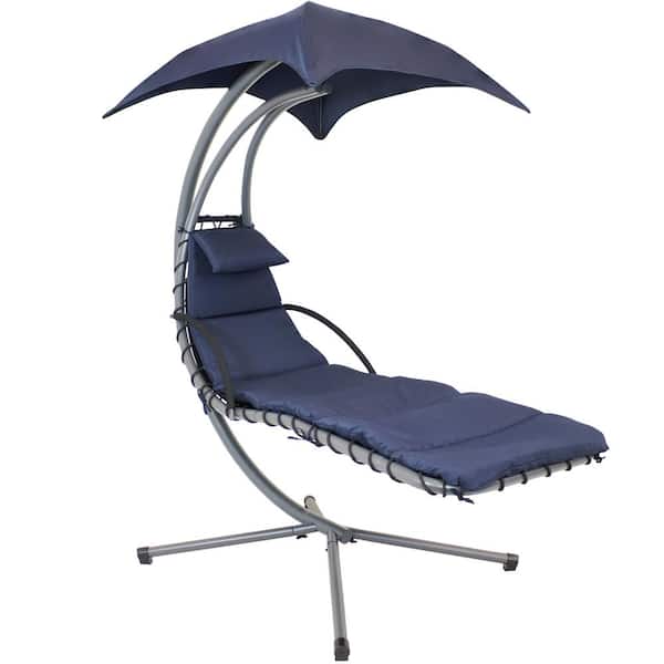 Sunnydaze Metal Outdoor Floating Chaise Lounge Chair with Navy Blue Cushion