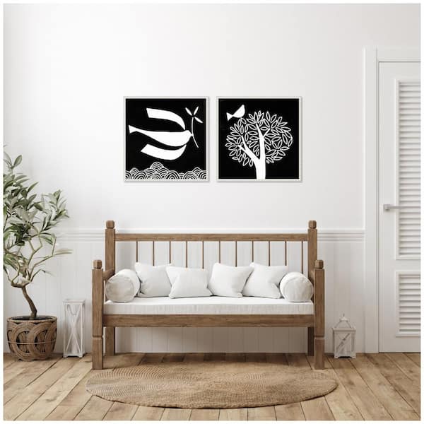 Sylvie "Black and White Linocut Birds" by Giuliana Lazzerini 2 Piece Beaded White Framed Art Print Set 22 in. x 22 in.