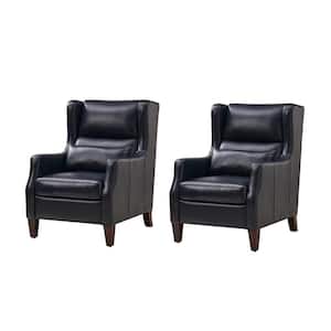 Ovill Navy Modern Genuine Leather Wingback Armchair with Pillow (Set of 2)