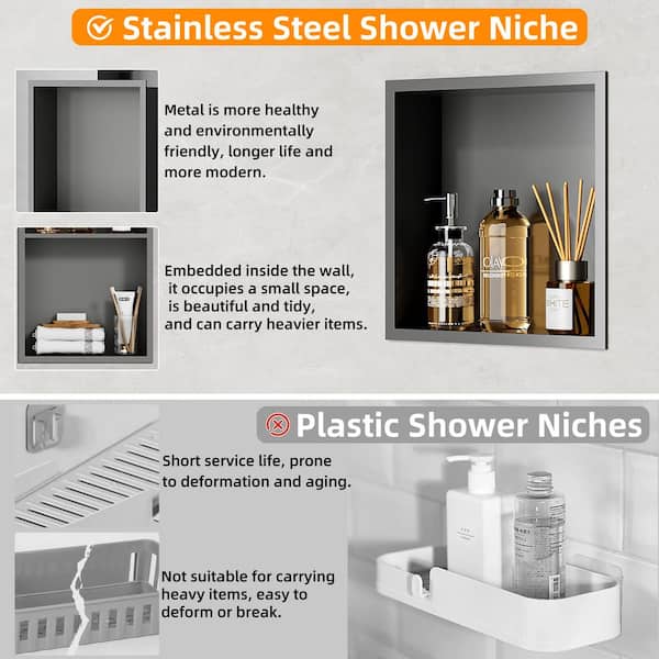 36x12 Inch No-Tile Shower Niche - 3-Tier Stainless Steel Recessed Shelf For Bathroom Storage (White)