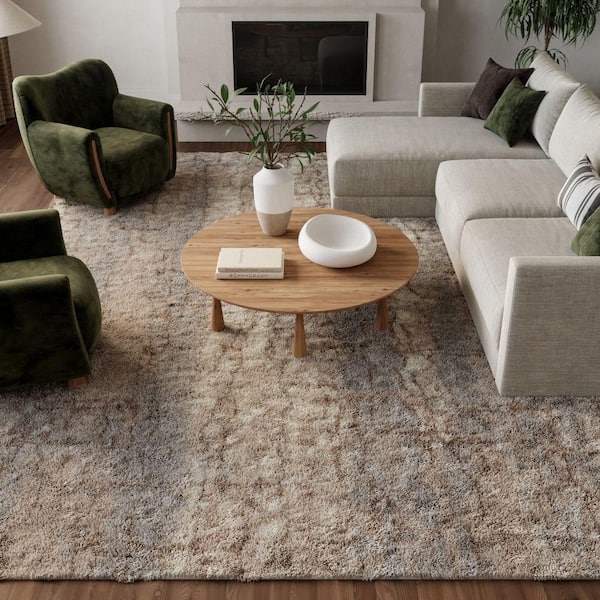 Luxurious Shag Ivory Beige 8 ft. x 10 ft. Abstract Contemporary Area Rug