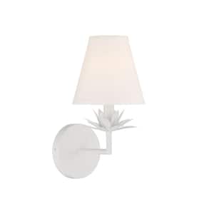 6 in. W x 12 in. H 1-Light White Wall Sconce with White Linen Shade