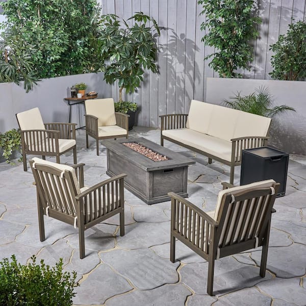 Noble House Carolina Grey 7-Piece Wood Patio Fire Pit Seating Set with Cream Cushions