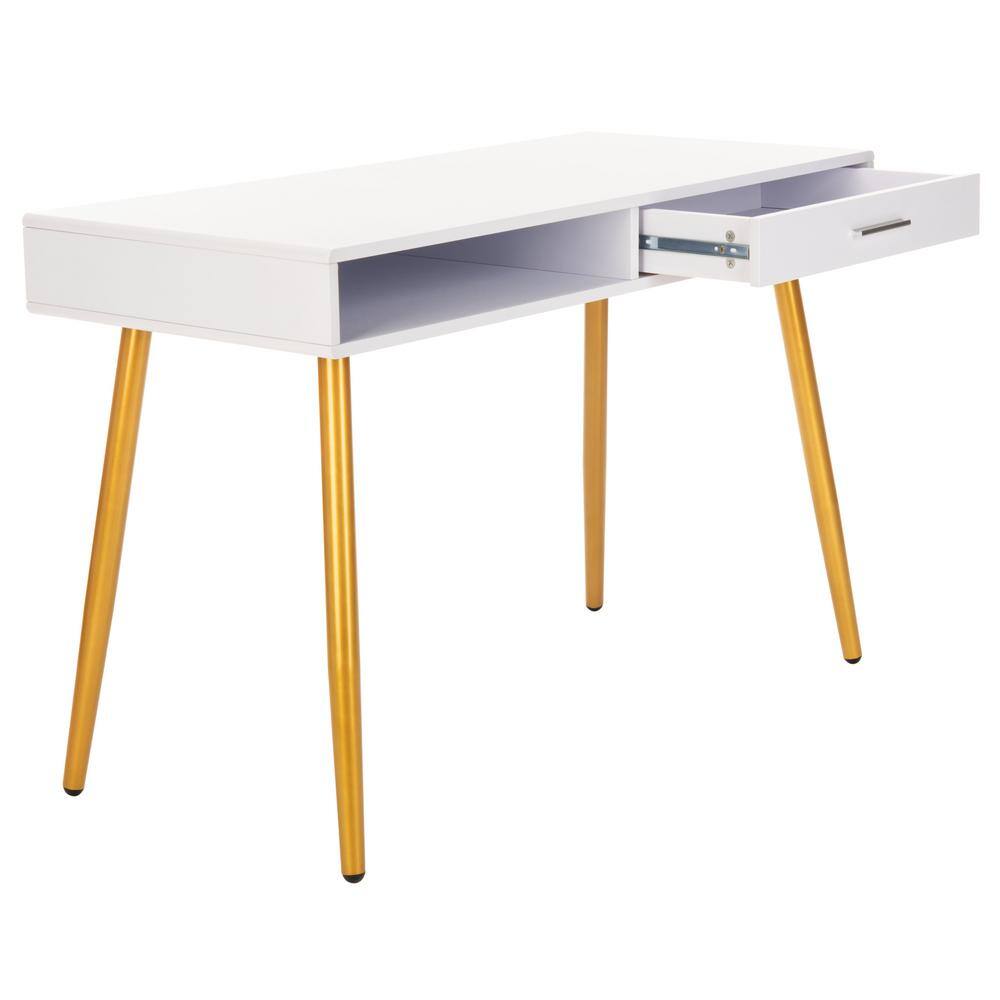 White and Gold Wood Writing Table with Drawer