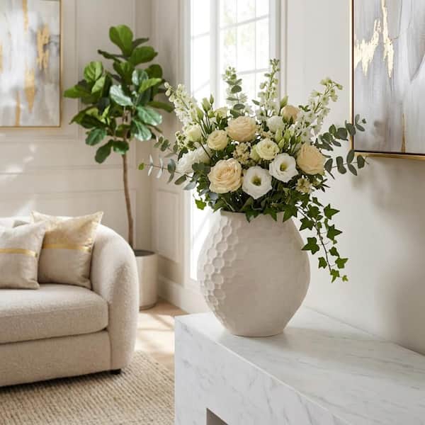 Liv & Skye 11 in. Ivory Ceramic Ribbed Geometric Decorative Vase
