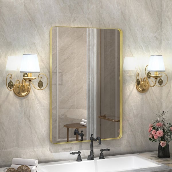 24 in. W x 32 in. H Premium Aluminum Framed Rectangular Bathroom Vanity Wall Mirror in Gold