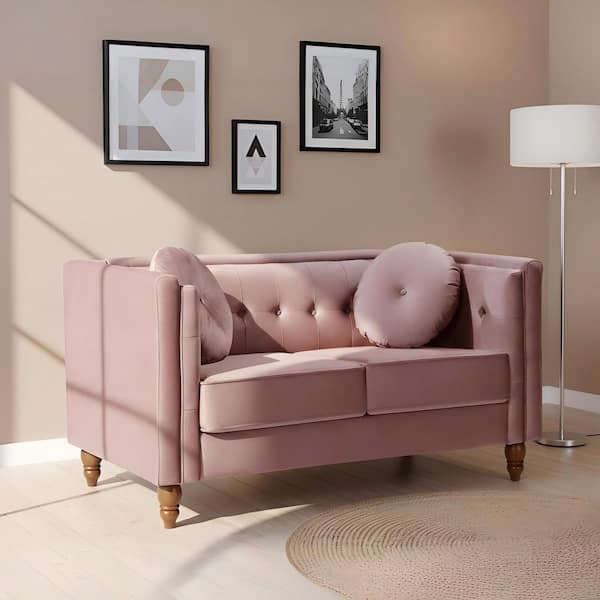 Transitional 58.3 in. Velvet 2-Seater Button Tufted Square Arm Loveseat in Rose with Tapered Wood Legs