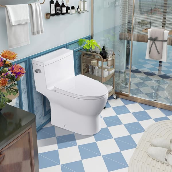 WELLFOR 12 in. 1-Piece 1.28 GPF Single Flush Elongated Toilet in White Seat Included
